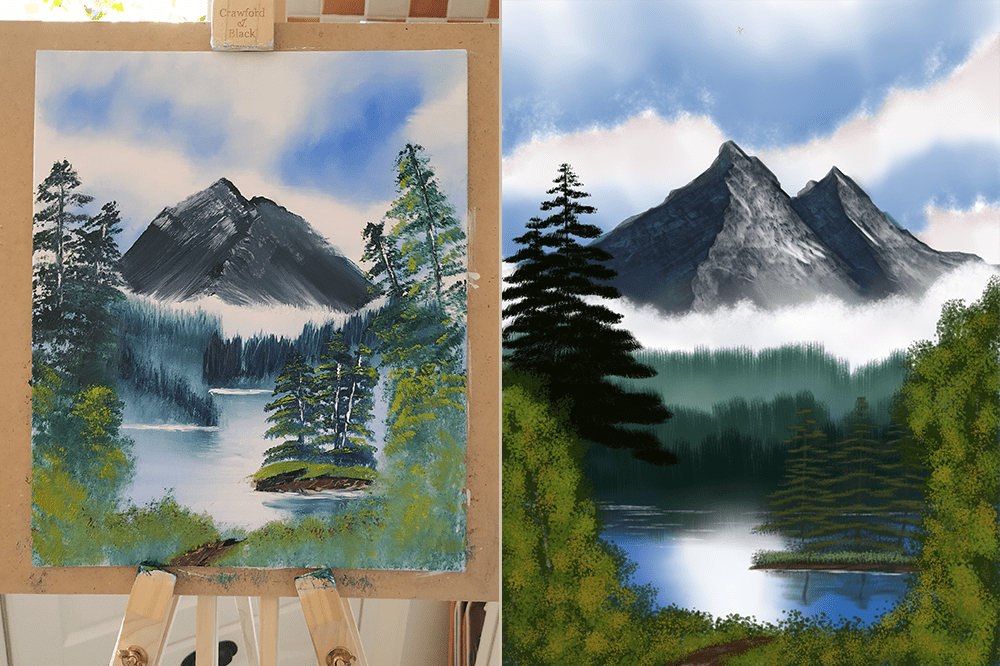 Bob Ross oil painting and digital painting