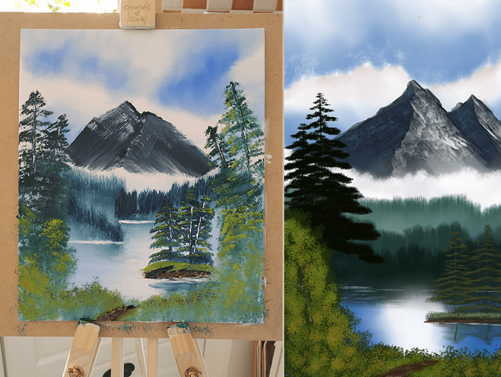 Bob Ross oil painting and digital painting